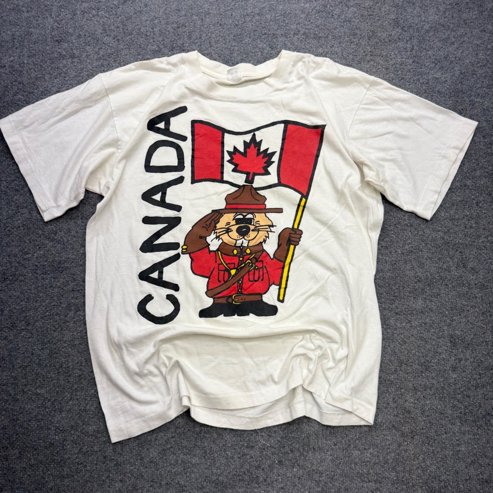 Vintage Canada Souvenir T-Shirt Mens XL White RCMP Beaver Flag Graphic Tee